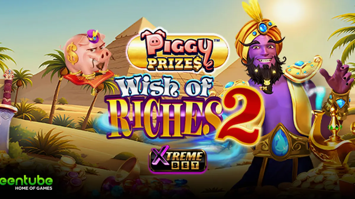 Cena vibrante do jogo de slot Piggy Prizes Wish of Riches 2 mostrando o Super Gênio e moedas douradas.