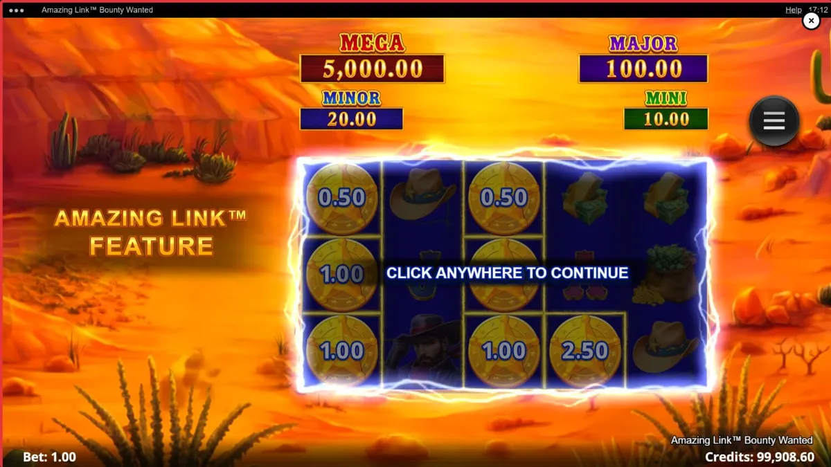 Interface do slot Amazing Link Bounty Wanted com tema de Velho Oeste
