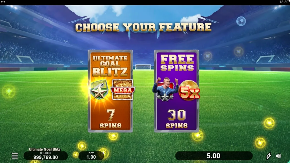 Interface do jogo de slot Ultimate Goal Blitz com tema de estádio de futebol