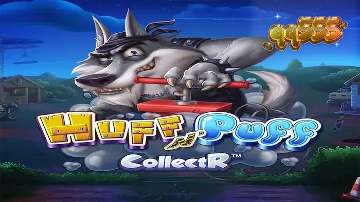 Interface colorida do jogo de slot Huff N' Puff CollectR com porquinhos e elementos de construção